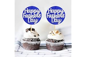 GIGA GUD 32 pcs Father's Day Cupcake Topper Happy Father's Day Blue Silver Glitter Cupcake Topper Birthday Party Cake Decorations Toppers Picks for Father's Birthday Party Birthday Celebrating Party Supply