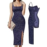 Popilush Shapewear Midi Dress Women's Sparkly Formal Wedding Guest Cocktail Dresses Fall Square Neck Ruched Dress Side Slit
