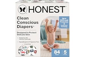 The Honest Company Clean Conscious Diapers for Sensitive Skin | Hypoallergenic, Fragrance Free | Gender Neutral Prints | Super Club Box, Size 5 (27+ lbs), 84 Count (Prints May Temporarily Vary)