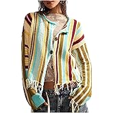 WDIRARA Women's Striped Cardigan Sweaters Fringe Long Sleeve Button Down Knit Outerwear