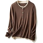 Ciovkis Women's Merino Wool Blend Cardigan 2025 Fall Winter Fake Two Piece Color Block Crewneck Long Sleeve Knit Sweater