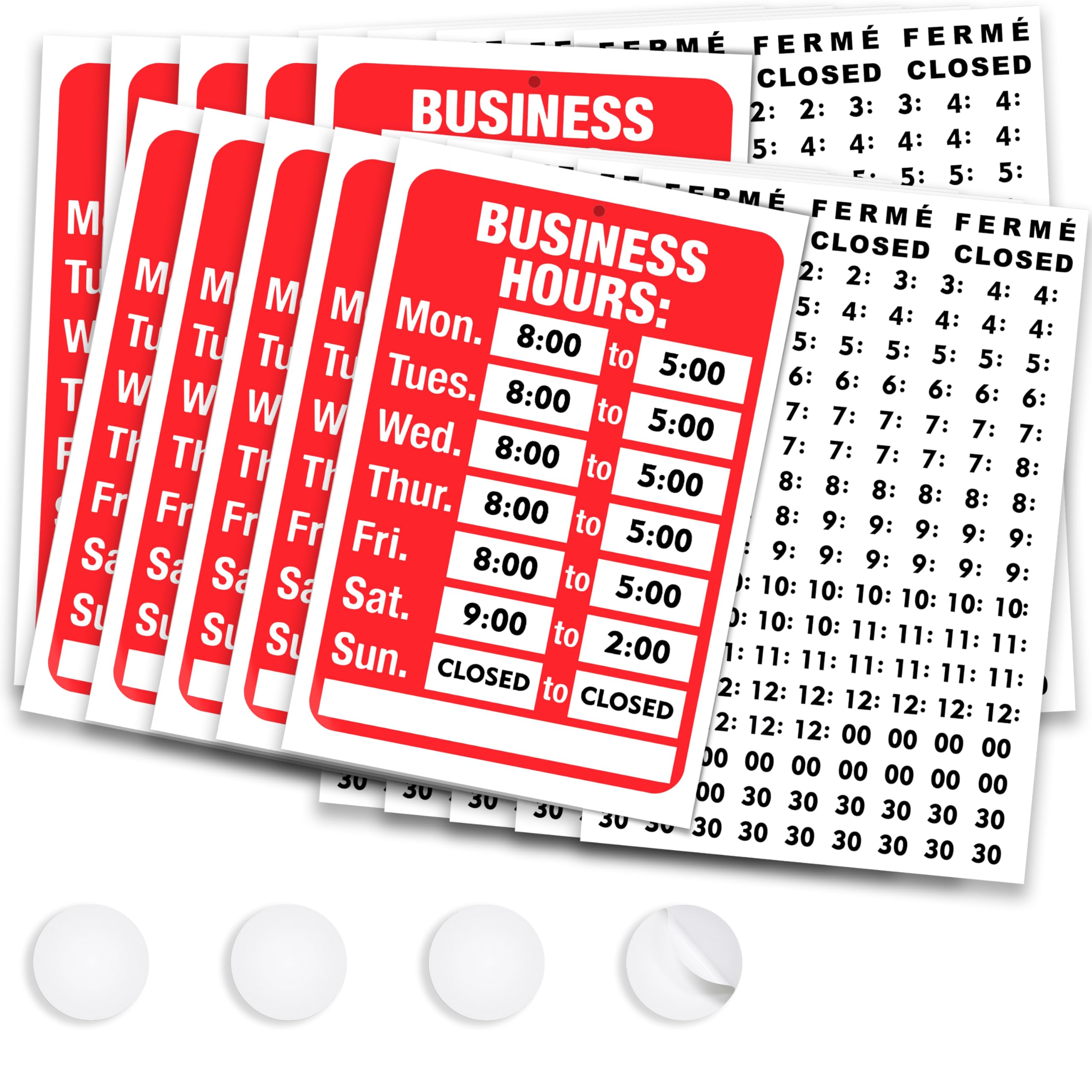 ASSURED SIGNS Open Signs, Business Hours Sign Kit for Glass Door or Window - Bright Red and White Colors - 10 Pack - 7.7 x 11.7 Inch - Includes 4 Adhesive Pads and Number Sticker Set - Ideal Hours Of Operation Signs for Business, Store or Office Image
