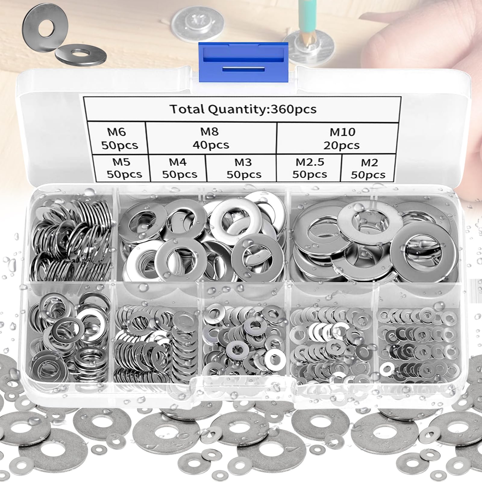 Flat Washers, 360 Pieces Washers 8 Sizes Stainless Steel Flat and Lock Washers Assortment Set for Screws, Bolts, Home Decoration Repair (M2 M2.5 M3 M4 M5 M6 M8 M10)