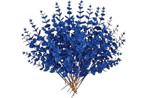 Hollyone 20 Pcs Glitter Artificial Eucalyptus Branches 13" Christmas Eucalyptus Pine Stems Picks Blue Fake Eucalyptus Picks Stems for DIY Christmas Tree Garland Wreath Crafts Home Decoration