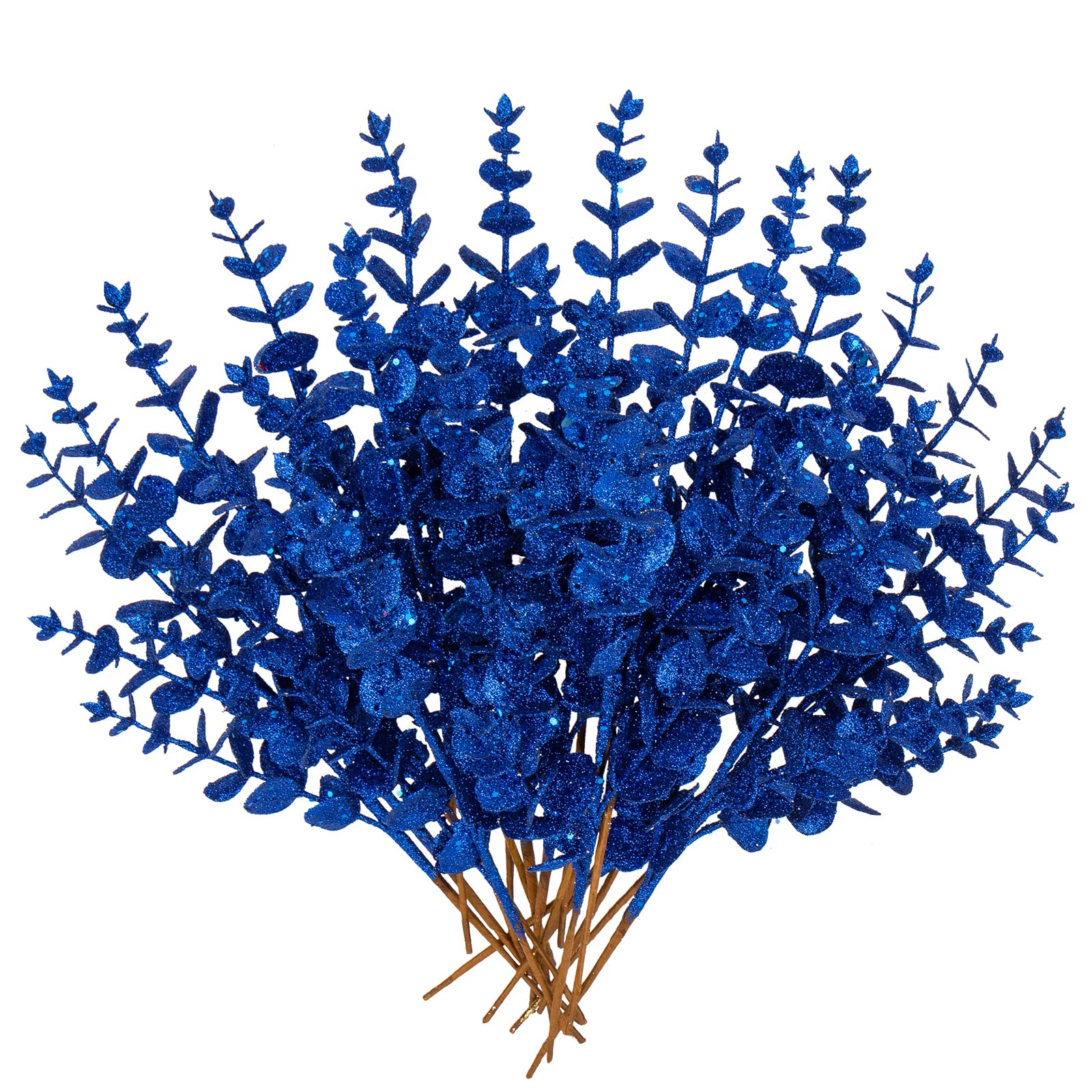 20pcs Christmas Glitter Leaves Artificial Eucalyptus Plant Blue Leaf Flower Picks Christmas Tree Decorations Artificial Leaves Stem for Xmas Tree Ornaments New Year Flora Arrangement