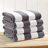 4 Pack Plush Velour 100% Cotton Beach Towels. Cabana Stripe Pool Towels for Adults. (Charcoal Grey, 4 Pack- 30" x 60")