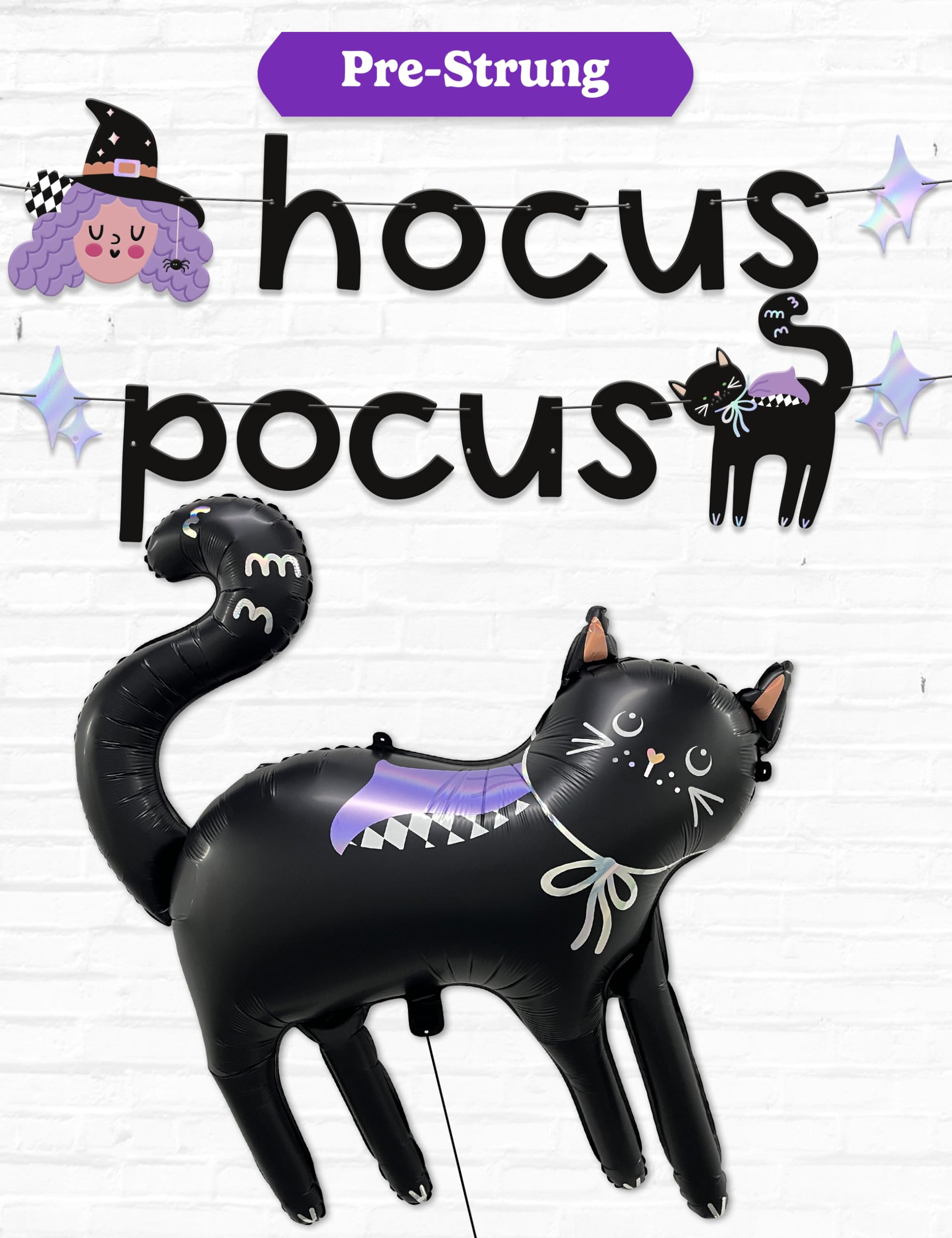 Photo 1 of ***FACTORY SEALED***HOUSE OF PARTY Hocus Pocus Decoration - Halloween Banner & Black Cat Balloon - Perfect Indoor Halloween Party Decoration with Witch & Black Cat Designs