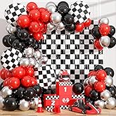 Race Car Balloon Garland Arch Kit Birthday Party Decorations, Black White Checkered Foil Fringe Curtains Backdrop Tinsel Streamer Photo Booth Props Racing One Happy Dude Party Decor Favors Supplies