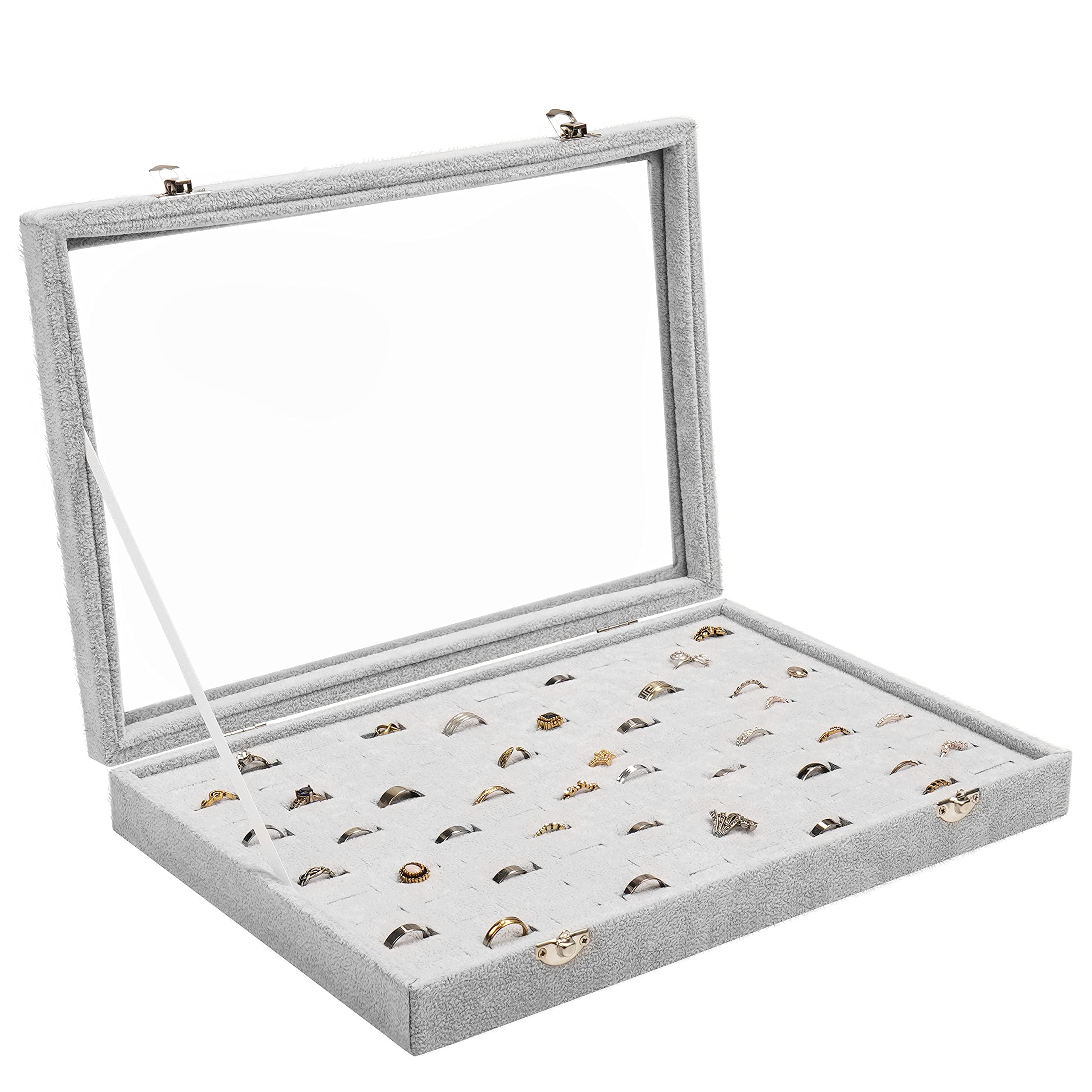BELLE VOUS Grey Velvet Ring Jewellery Storage Display Box Tray with 100 Slots and Lid - Showcase Organiser Case Holder with Clear Transparent Glass Lid for Rings, Earrings and Cufflinks