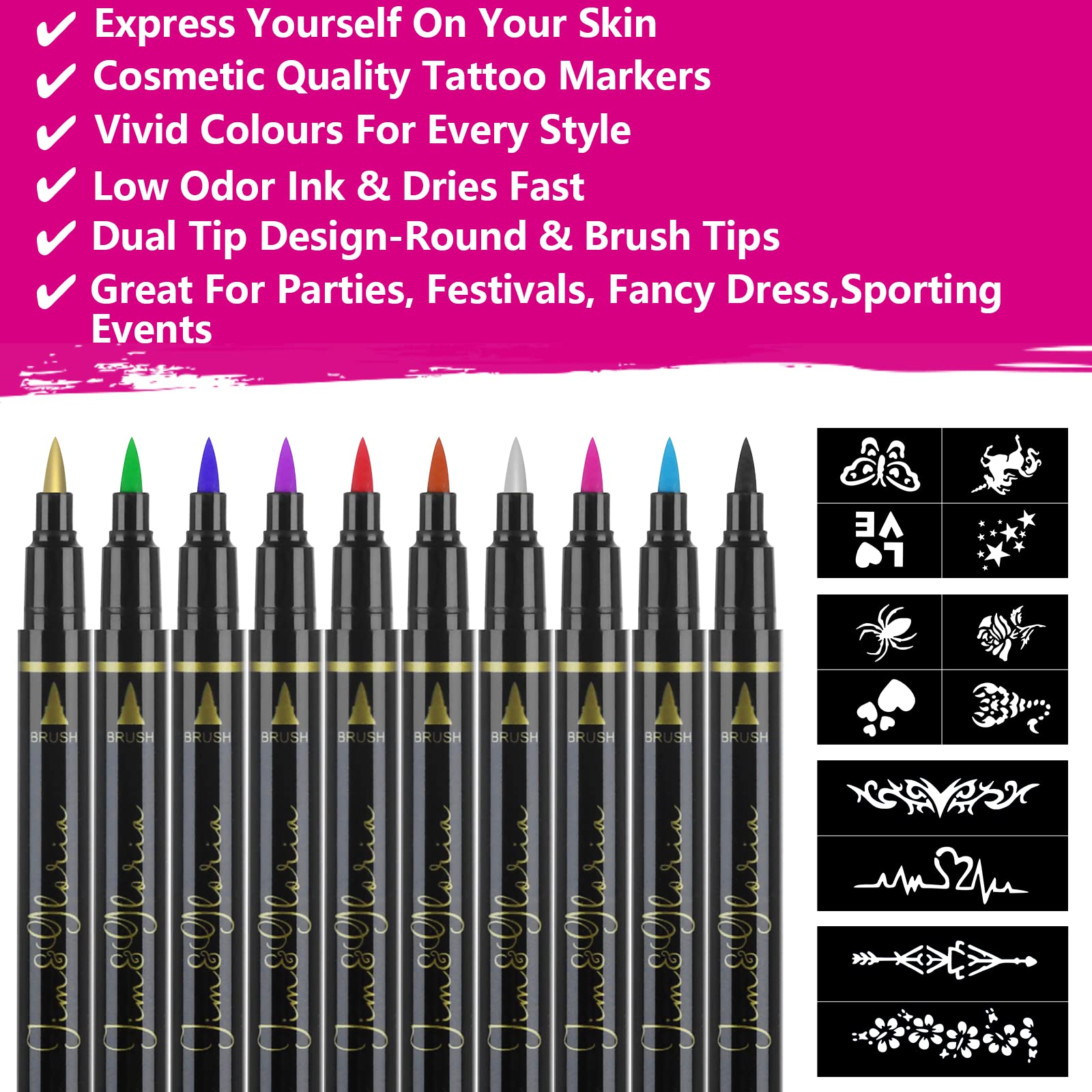 Jim&Gloria Body Art Tattoo Pen Dual Tip 10 Colors with GOLD SILVER Temporary Tattoo Markers Skin Pen Body Markers Skin Marker Face Paint Kids Teen Girl Gifts Trendy Stuff 8 9 10 11 12 13 14 Years Old