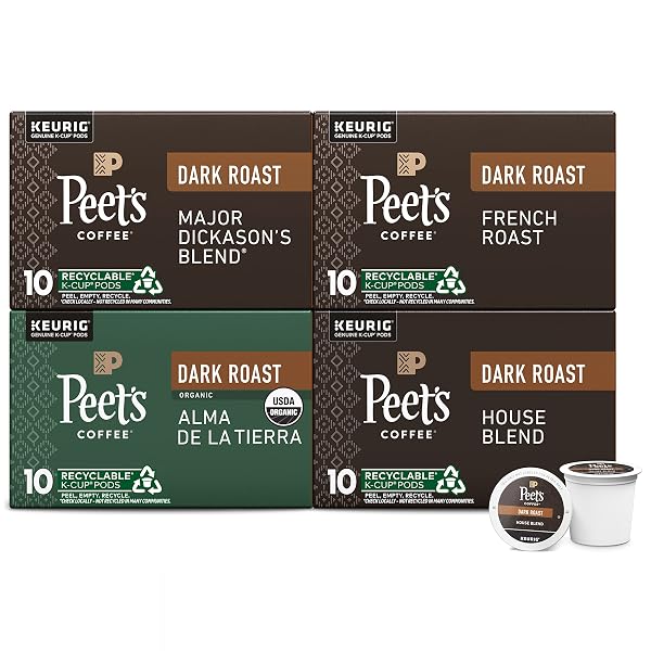 PEET’S COFFEE, KEURIG K-CUP PODS DARK ROAST VARIETY PACK – MAJOR DICKASON’S BLEND, FRENCH ROAST, ORGANIC ALMA DE LA TIERRA, HOUSE BLEND, 40 COUNT (4 BOXES OF 10 K-CUP PODS)