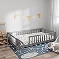 i-POOK Twin Floor Bed for Children, Sturdy Wood Montessori Bed Frame with Wood Slats, Fence & Door, Montessori Floor Bed for Girls and Boys, Gray (with Bed Slats)
