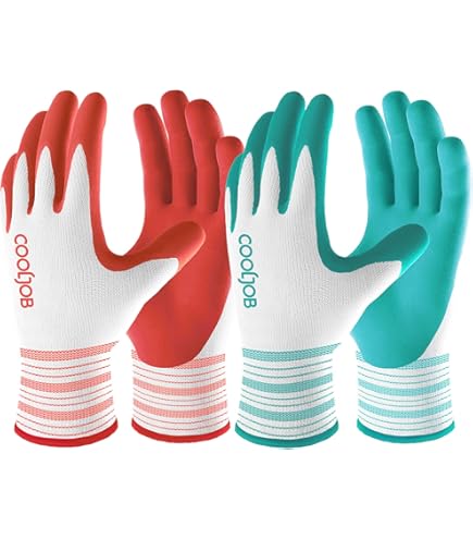 PACIFIC Tuinhandschoenen voor dames, 6 paar tuinhandschoenen met latexcoating, ademend, medium maat, past de meeste mensen, paars, geel, rood