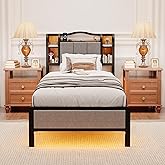 AROMUSTIME Twin XL Size Bed Frame with Upholstered Headboard & Footboard, Metal Bed Frame with LED Lights & Charging Station, No Box Spring Needed, Noise-Free Easy Assembly, Large Under Bed Storage