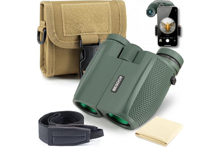 BESDON 12x25 Compact Binoculars for Adults: Tactical Molle Bag & Phone Adapter & Wide Strap - High Power Small Pocket Binocul