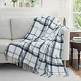 GINAMUSE Blue and White Plaid Throw Blanket for Couch,50"X60" Super Soft Cozy Warm Home Decorative Throws with Tassels for Bed Sofa Picnic