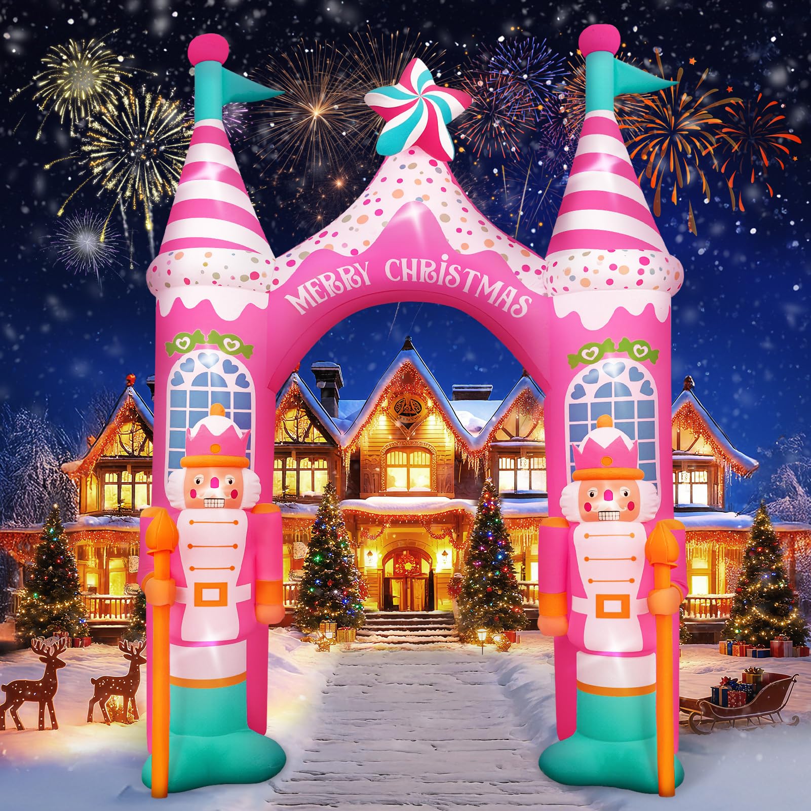 Photo 1 of Evoio 12 FT Giant Christmas Archway Inflatables Nutcracker with LED Lights, Pink Xmas Arch Inflatable Stereoscopic Blow up Christmas Outdoor Decorations for Front Yard, Driveway, Lawn, Garden, Square