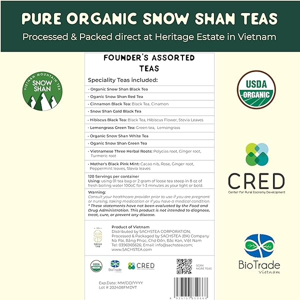 SACHS TEA 1773 FOUNDER’S ASSORTMENT – ORGANIC ASSORTED LOOSE LEAF TEA – 30 SACHETS – GREEN, BLACK, RED, WHITE, YELLOW, HERBAL TEAS – FRESH FLORAL, ROASTED FRUIT, MALTY, WOODY, HERBACEOUS NOTES – SUGAR-FREE, NON-GMO, KETO-FRIENDLY