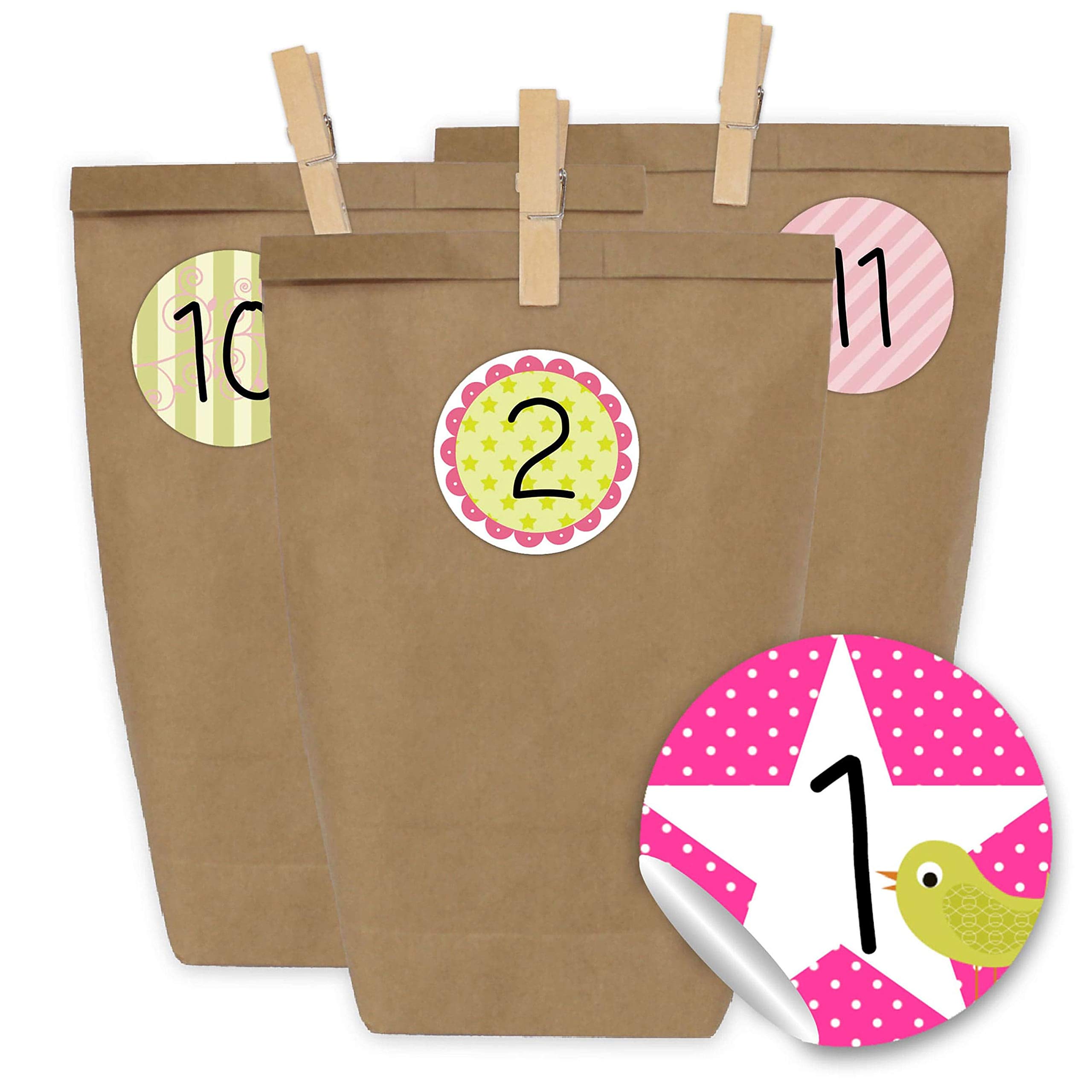 Papierdrachen Advent calendar 24 paper bags with stickers and 24 wooden clips - pink and green for girls design - 14
