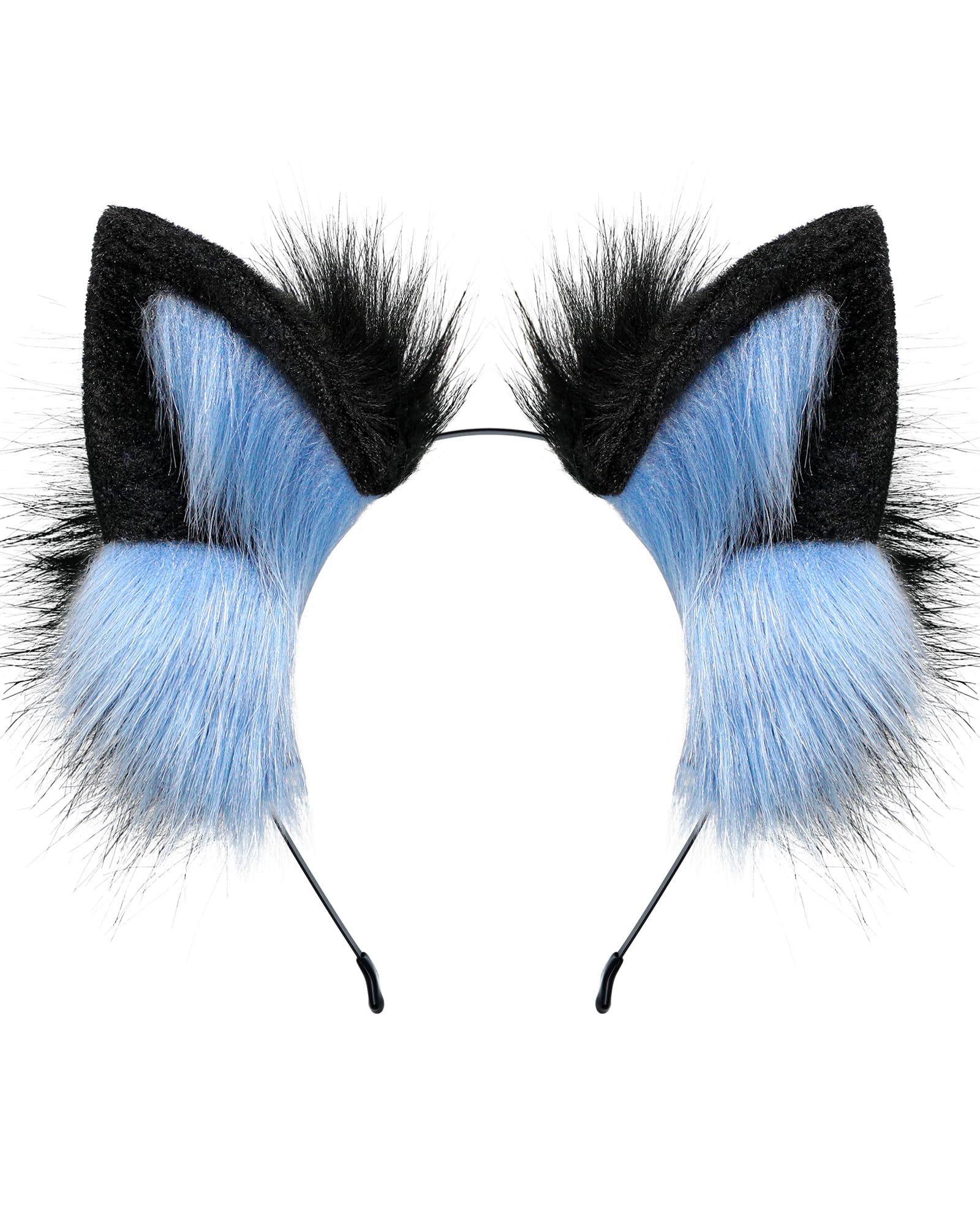 BNLIDES Handmade Fur Fox Wolf Cat Ears Headband Adult Cosplay Costume Accessories for Halloween (Blue Black)