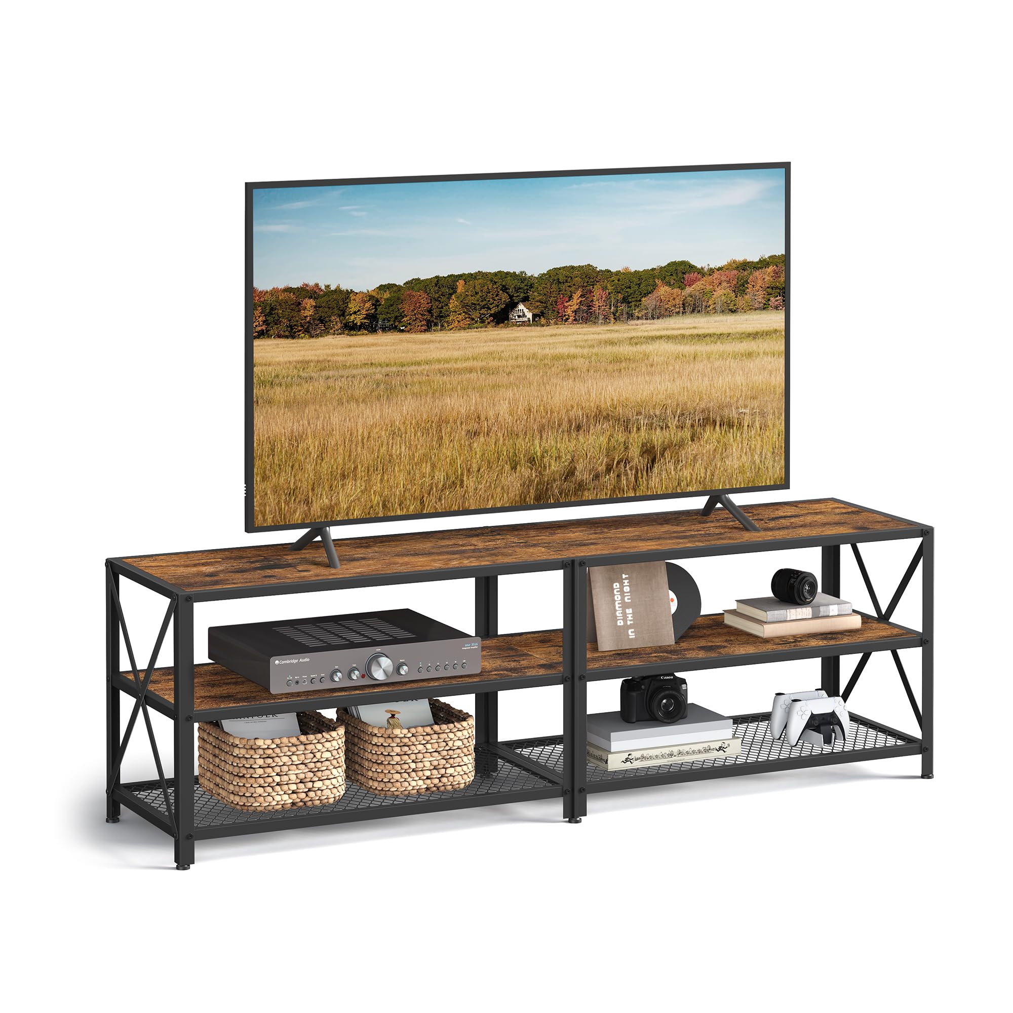 VASAGLE TV Stand for TV up to 70 Inches, TV Table, Entertainment Center, 3-Tier TV Console, Steel Frame, Industrial Style, for Living Room, Rustic Brown and Black ULTV095B01 Image VASAGLE TV Stand for TV up to 70 Inches, TV Table, Entertainment Center, 3-Tier TV Console, Steel Frame, Industrial Style, for Living Room, Rustic Brown and Black ULTV095B01 Image
