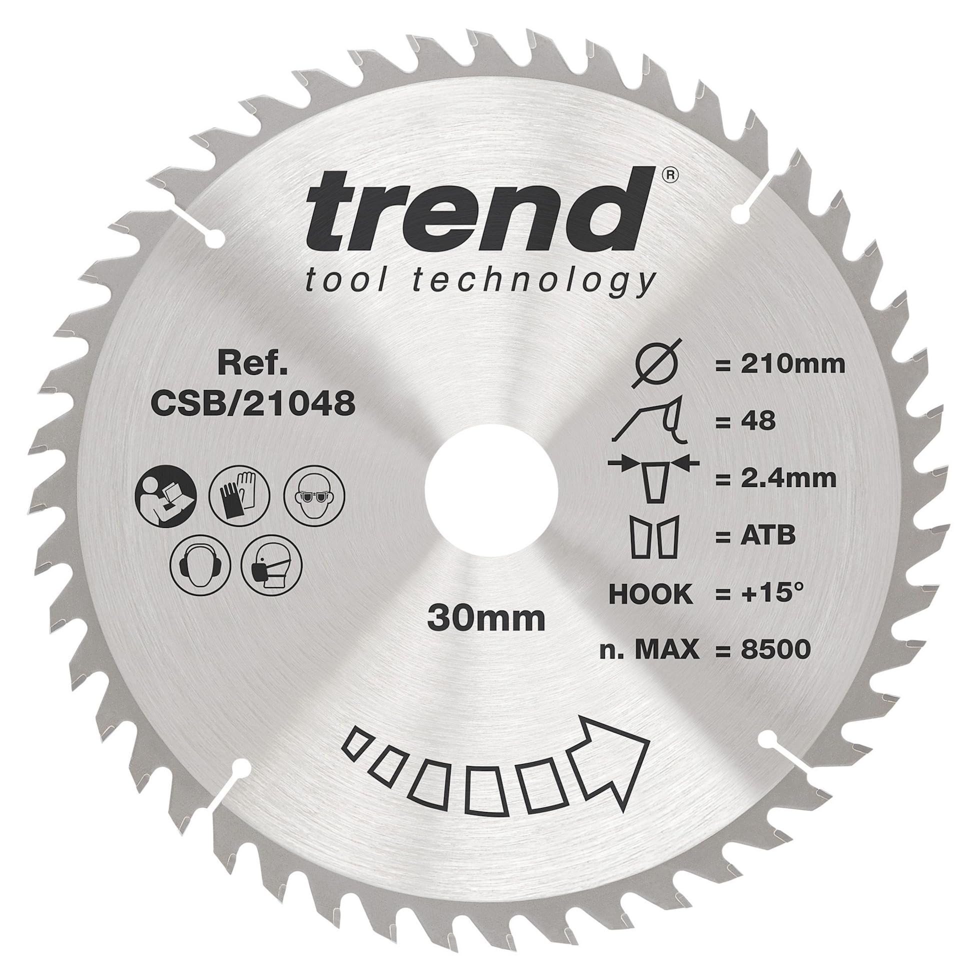 Trend Wood Circular Saw Blade, 210mm Diameter, 30mm Bore, 48 Teeth, 2.4mm Kerf, +15° Hook, TCT, Fine Finish, CSB/21048