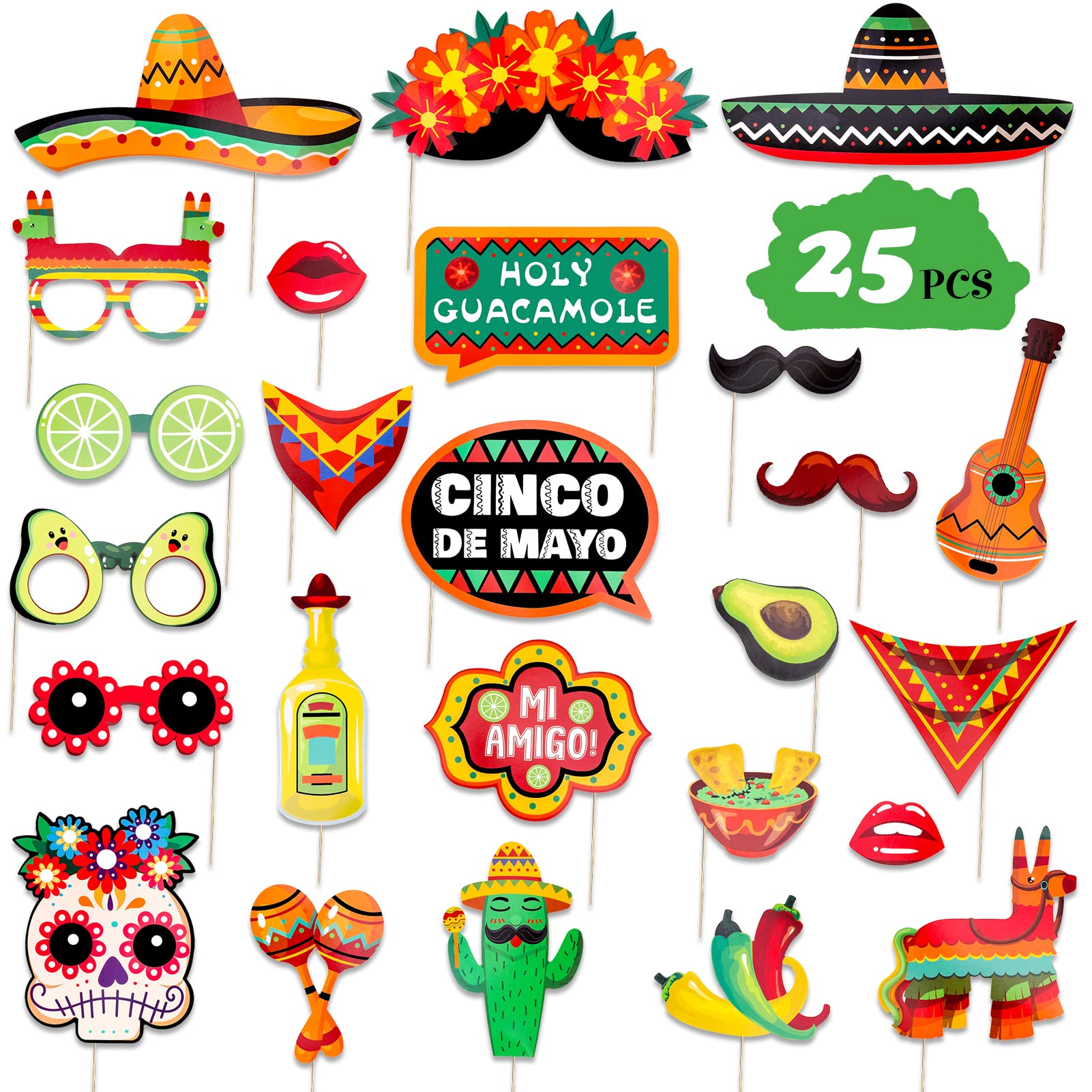 Qpout 25PCS Mexico Fiesta Photo Prop Mexican Carnival Party Decoration Supplies for May Day Selfie Party Supplies Fiesta Photo Decoration Mexican Themed