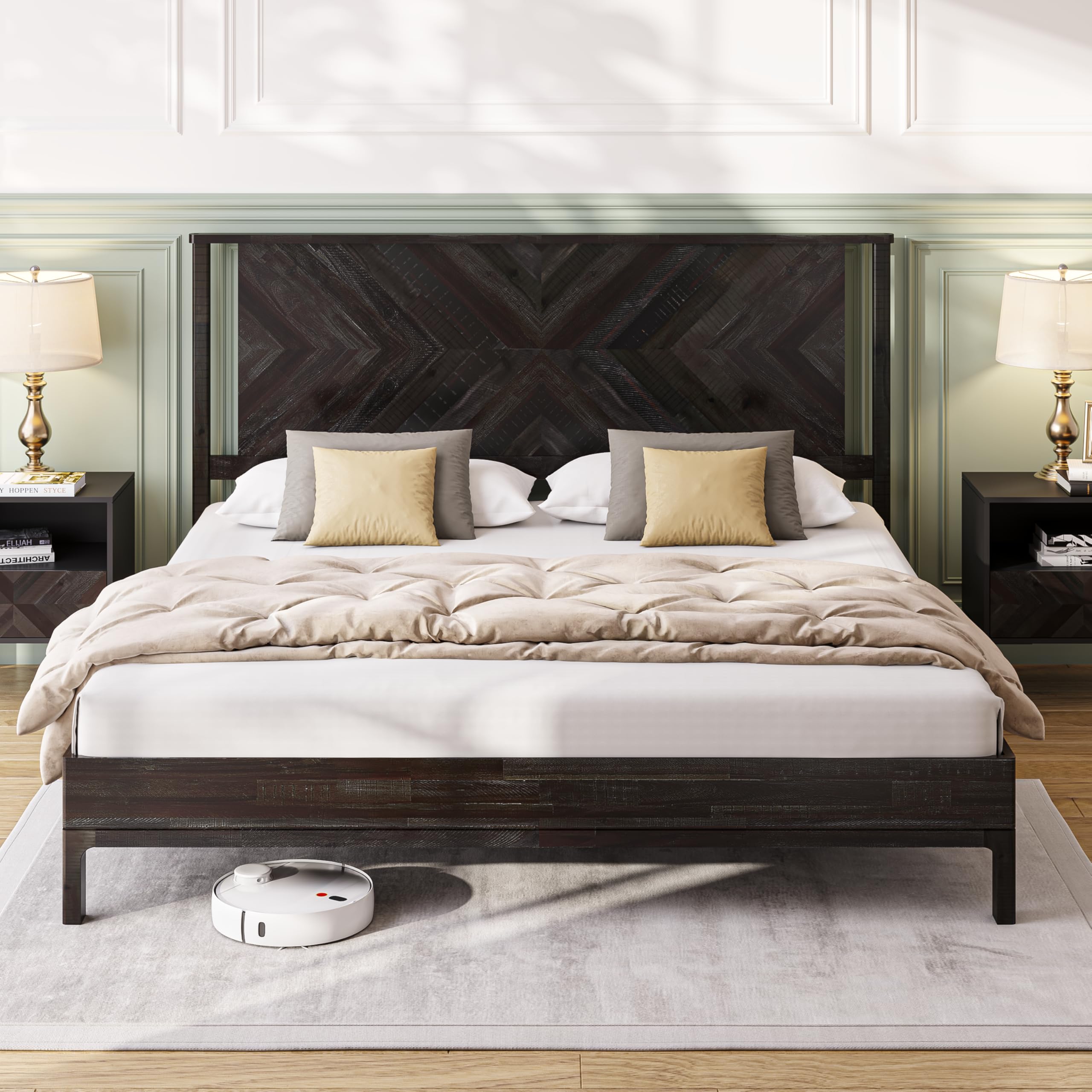 Photo 1 of ***IT IS UNKNOWN IF IT HAS MISSING PARTS***Bme Vivian 14 Inch Deluxe Bed Frame with Headboard, Rustic & Scandinavian Style with Solid Acacia Wood, No Box Spring Needed, 12 Strong Wood Slat Support, Easy Assembly, King, Rustic Black