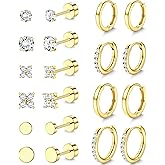 YADOCA Hypoallergenic Gold Stud Hoop Earrings for Women - Surgical Stainless Steel Flat Back Earrings 14K Gold Cartilage Hoops Earring Stacks Small Flatback Stud Earring Sets for Multiple Piercing