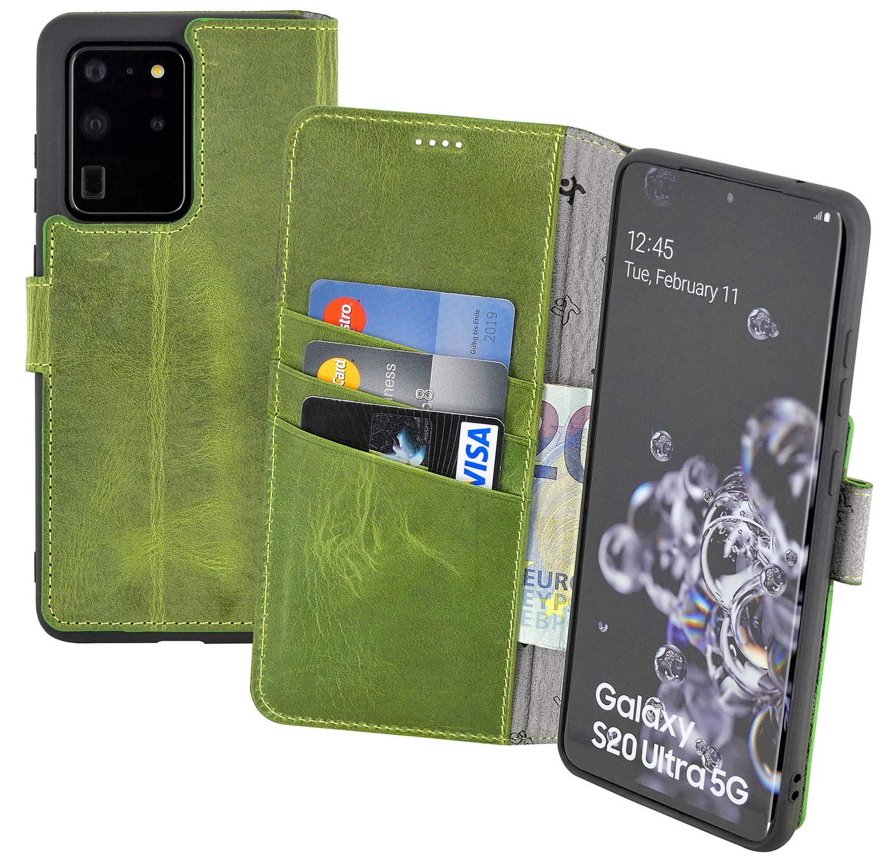 Suncase Book-Style Case compatible with Samsung Galaxy S20 Ultra Leather Case (Slim-Fit) Leather Case Cell Phone Case Protective Case with 3 Card Slots in Antique Kiwi Green