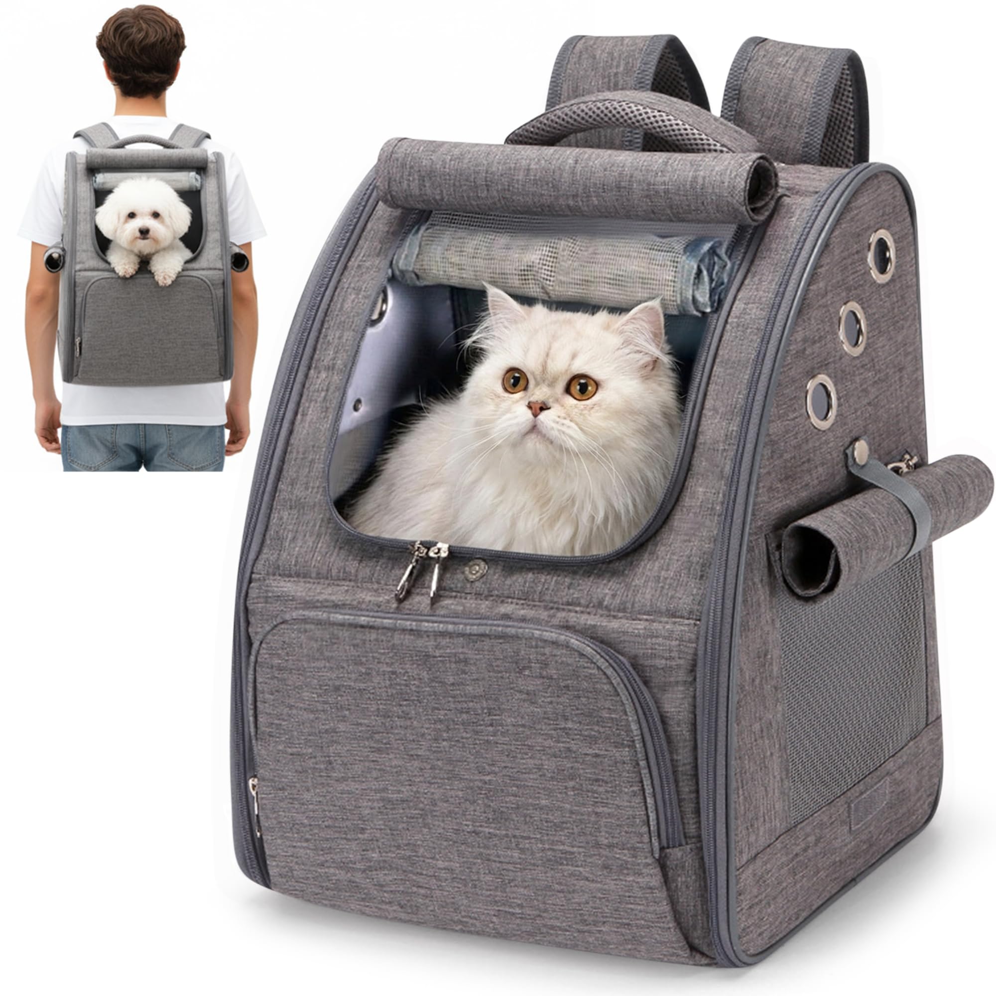ALLSOPETS Cat Carrier Backpack, Foldable Breathable Pet Carrier Bag with Sunshade Design for Cats and Small Dogs for Travel, Vet Visits, Outdoor Walks (Graphite Gray)