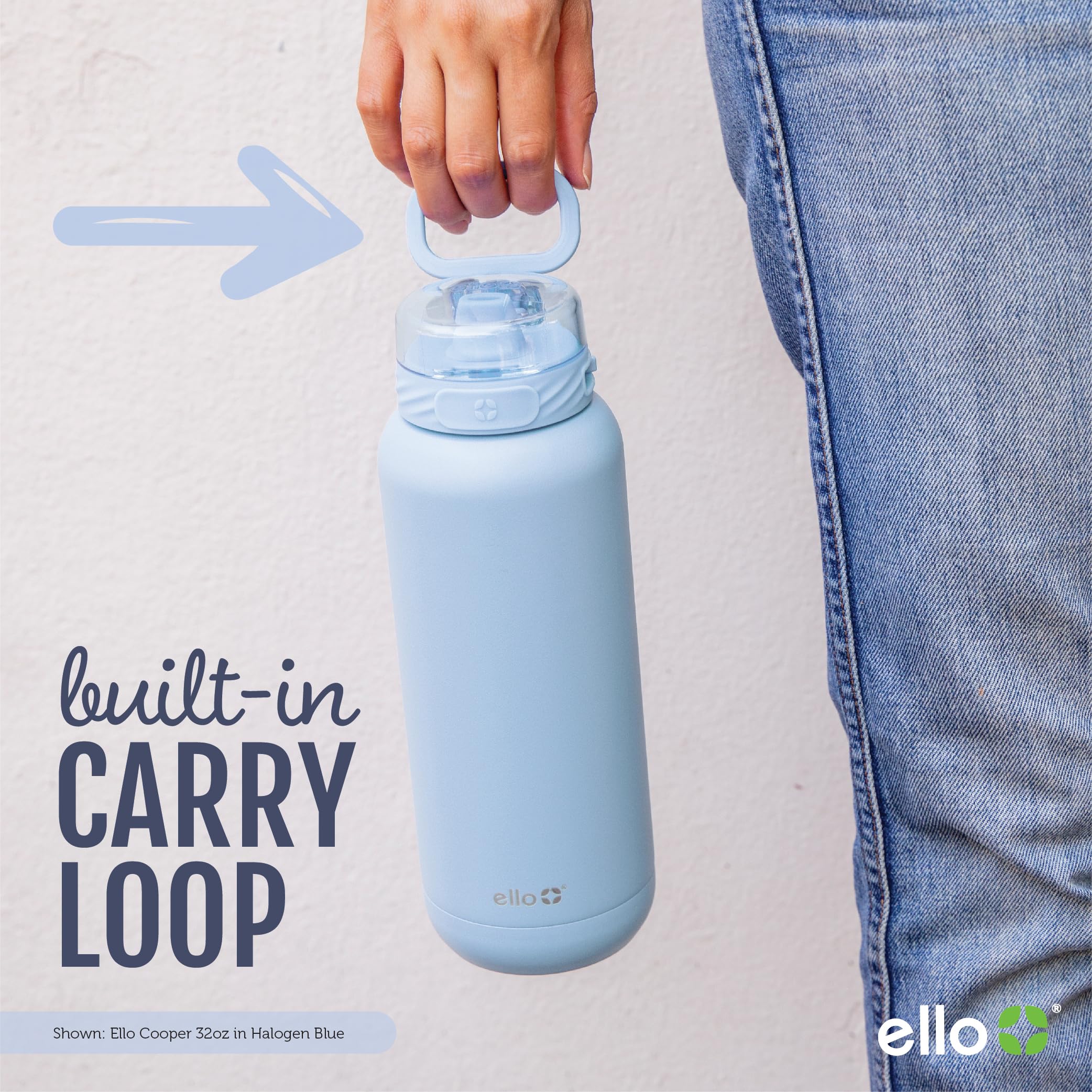 Ello Cooper 18oz Kids Stainless Steel Water Bottle with Straw and Carry Handle, Double Walled and Vacuum Insulated Metal, Leak Proof Locking Lid with Soft Silicone Spout, BPA Free, Halogen Blue