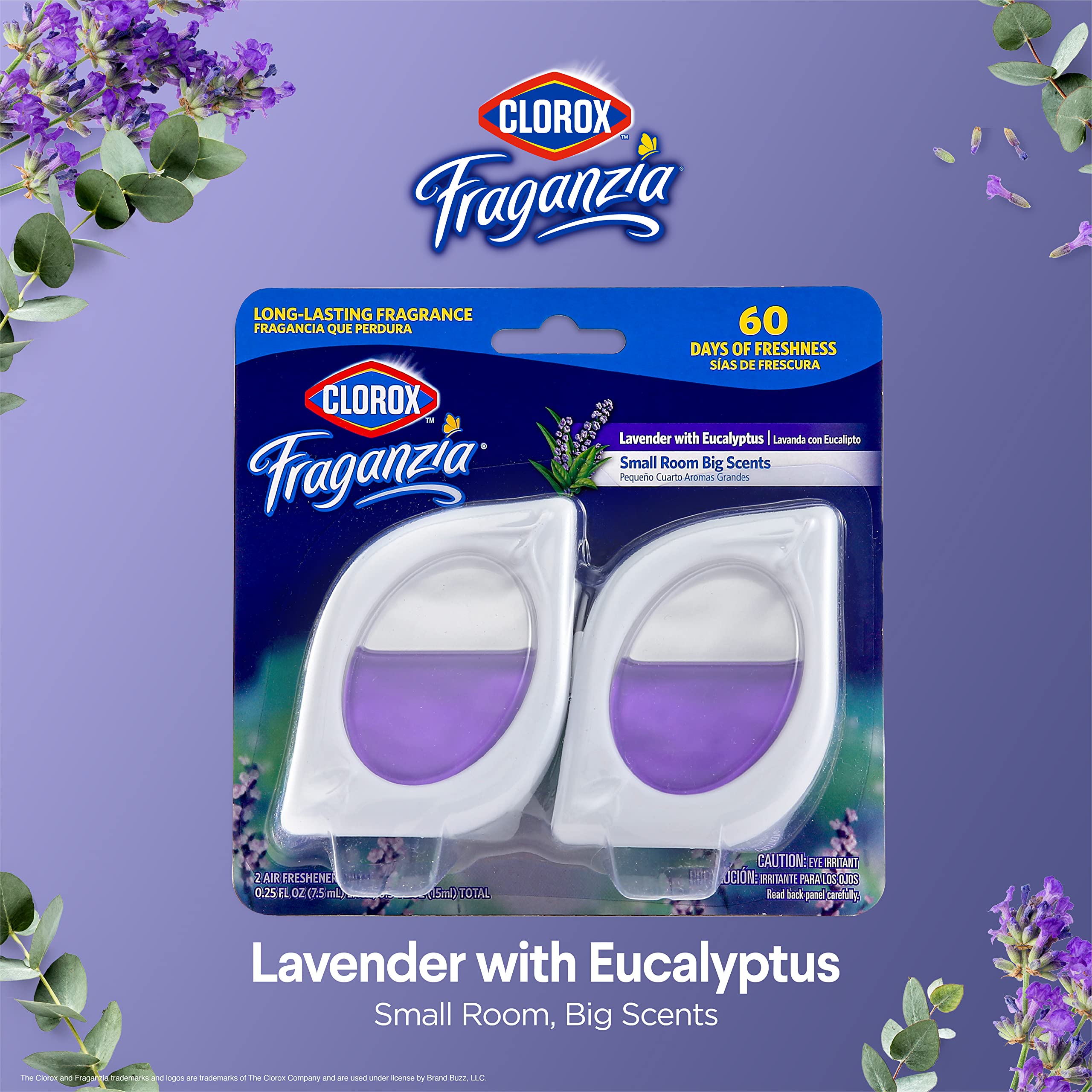 Clorox Fraganzia Small Rooms Air Freshener, Lavender with Eucalyptus - Peel & Place Air Freshener, No-Plug, Battery-Free for Closets, Laundry Room, Entry Way, Bathroom, 0.25 Fl Oz Each, 2 Count