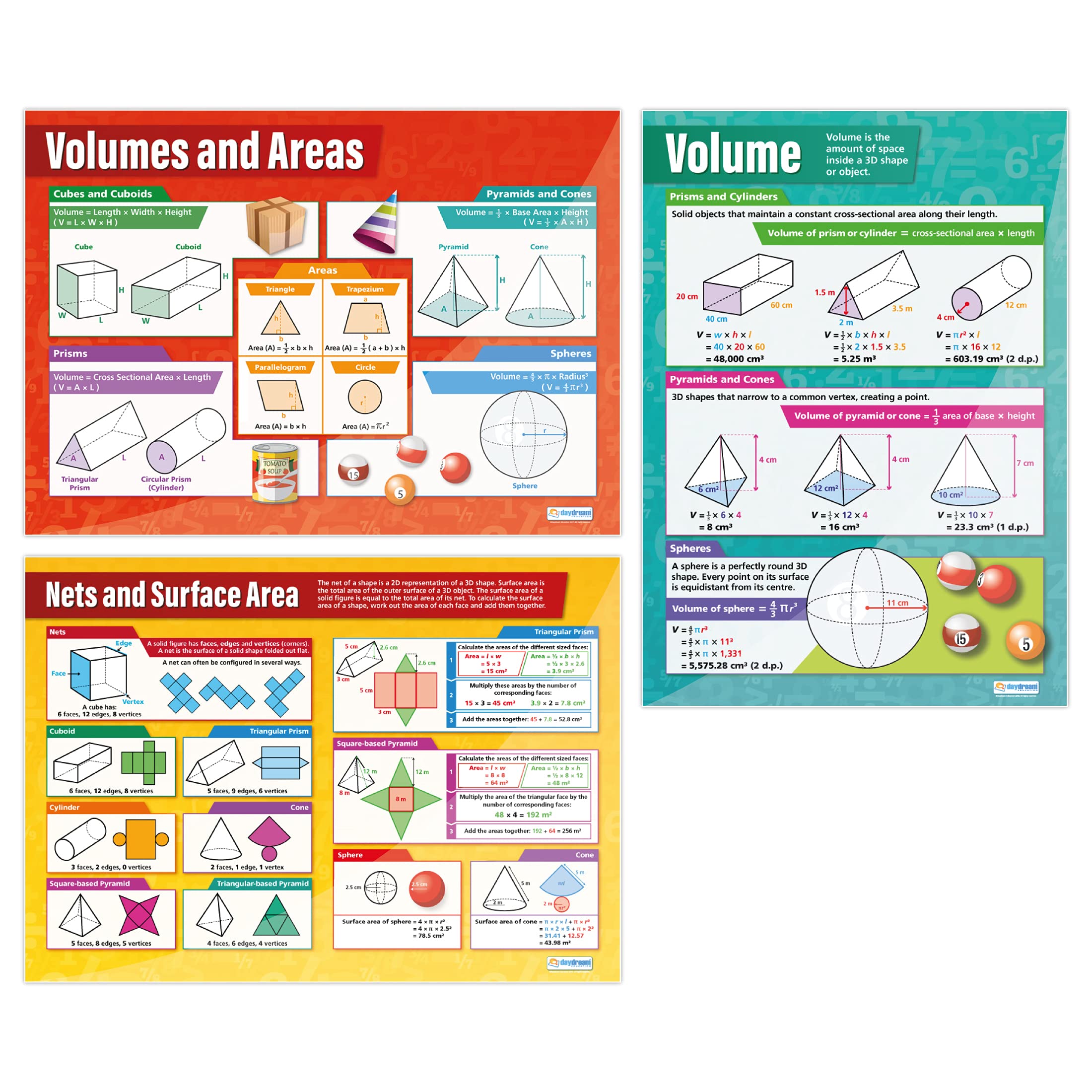 Volume & Areas Posters - Set of 3 | Maths Posters | Laminated Gloss Paper measuring 850mm x 594mm (A1) | Maths Charts for the Classroom | Education Charts by Daydream Education