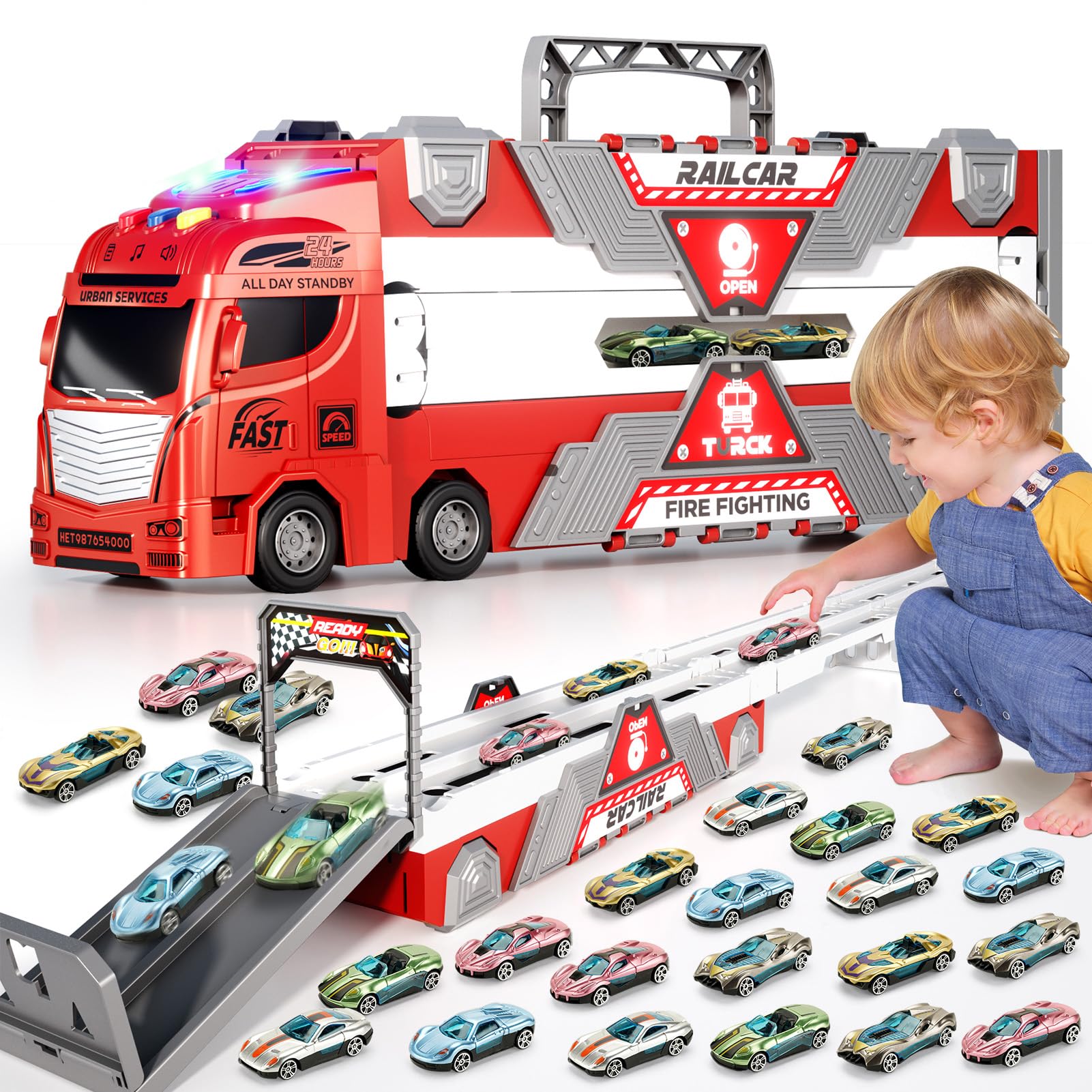 Photo 1 of Jiakora 65-Inch Race Car Tracks and 20 Car Toys for Toddlers Boys Kids 1-3 4-7, Toy Trucks for Toddler 2 3 4 5 6 7 8 Years Old with Lights Sounds, Carrier Truck Toys Gift for Boys Girls Kids