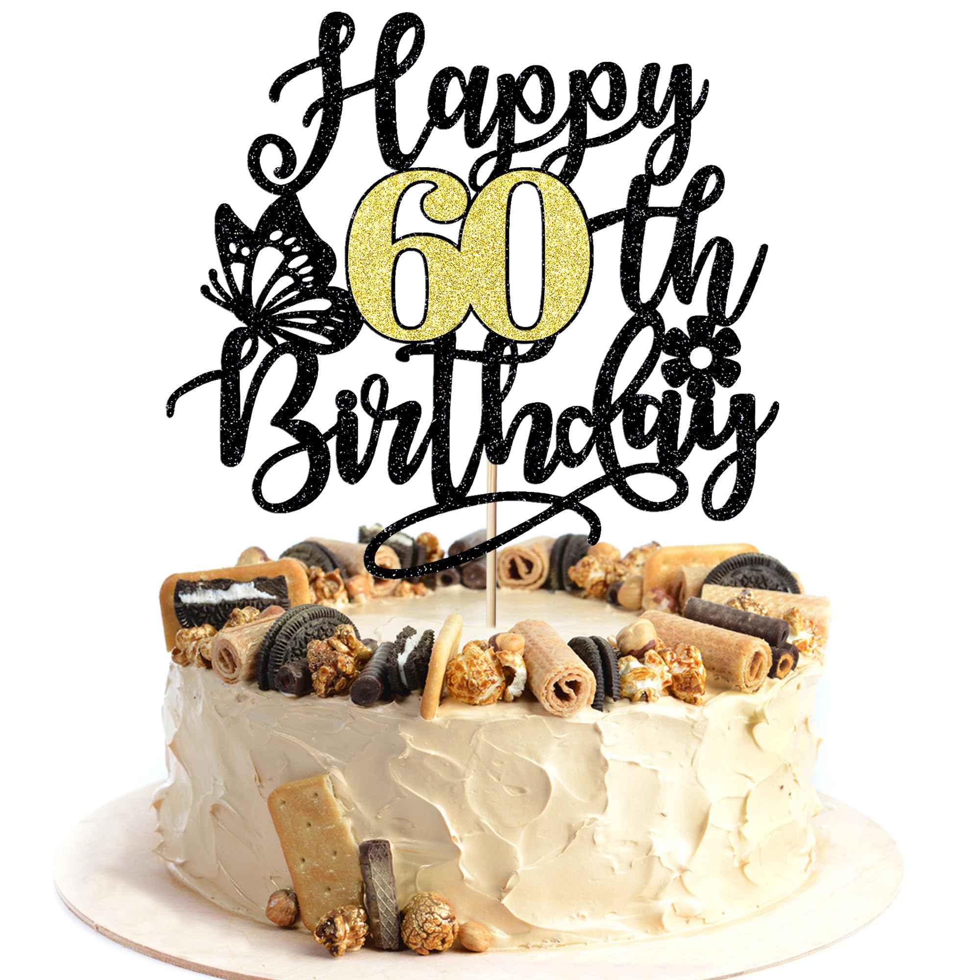 Photo 1 of Migeaks Happy 60th Birthday Cake Topper-Black gold Glitter Cheers to 60 Years Old- 60 Fabulous Cake Decoration-Butterfly Happy 60th Birthday Anniversary Party Decorations Supplies