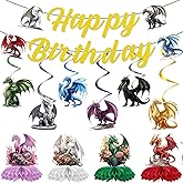 MOIZYNG Dragon Birthday Party Decorations, 12PCS Fantasy Dragon Theme Happy Birthday Banners, Hanging Swirls, and Honeycomb Centerpieces for Kids Boys Girls Magical Party Supplies Favors