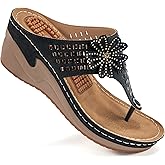 Aomigoct Wedge Sandals Women Flip Flops with High Increased Flower Platform Sandals for Women Dressy Summer Wedge Shoes Cushion FootBed Comfort Flip Flops