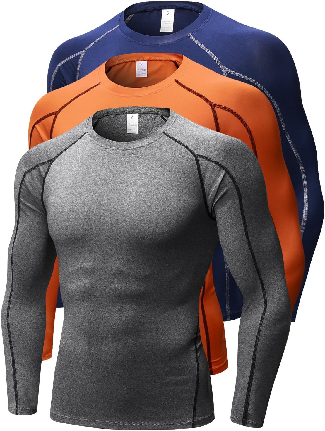 3 Pack Men's Compression Shirts Long Sleeve, Base-Layer Quick Dry Workout T Shirts Sports Running Tops