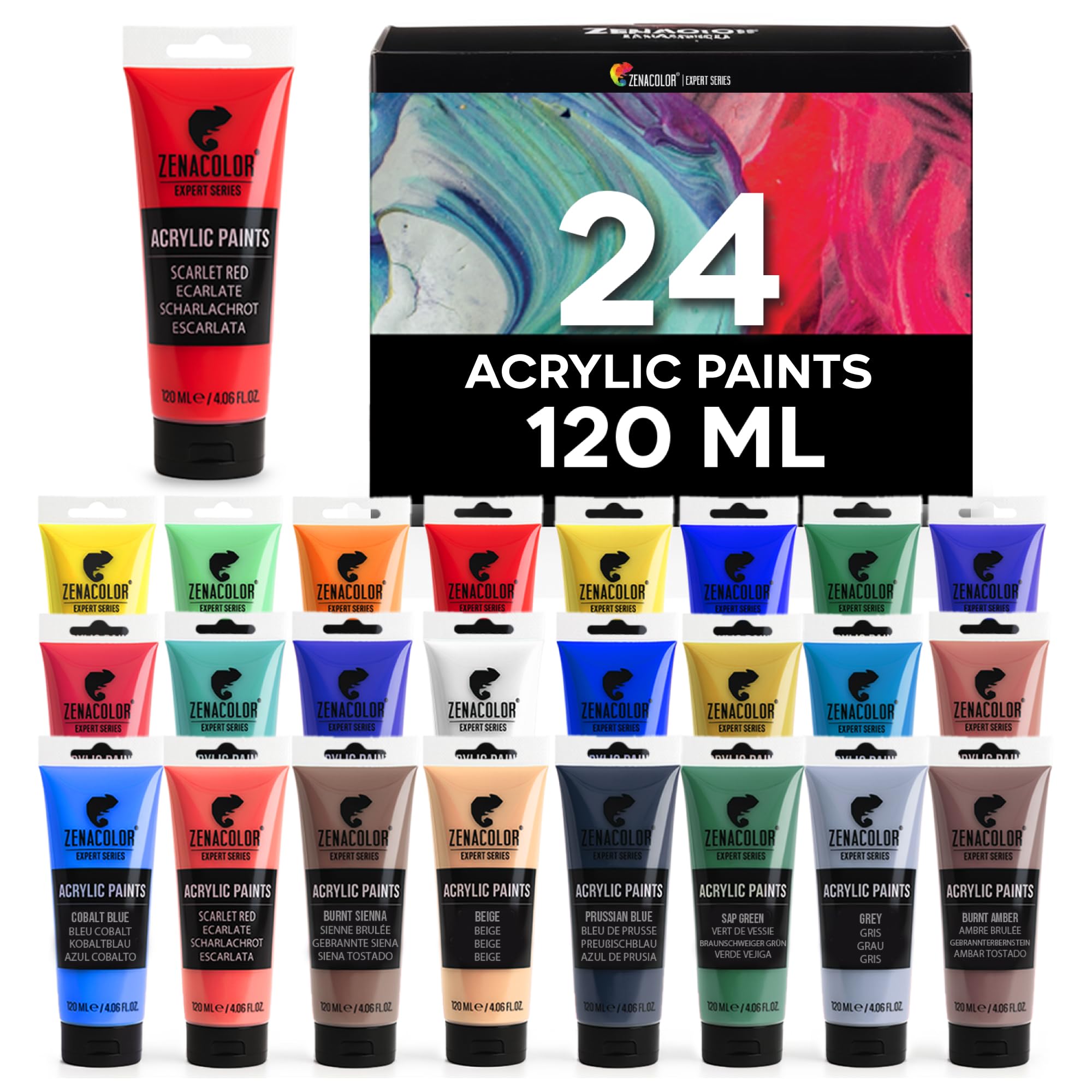 Zenacolor Set of 24 Acrylic Paints, 24 x 120 ml Tubes, 24 Colours Paint for Canvas, Wood, Arts and Crafts, for Adults