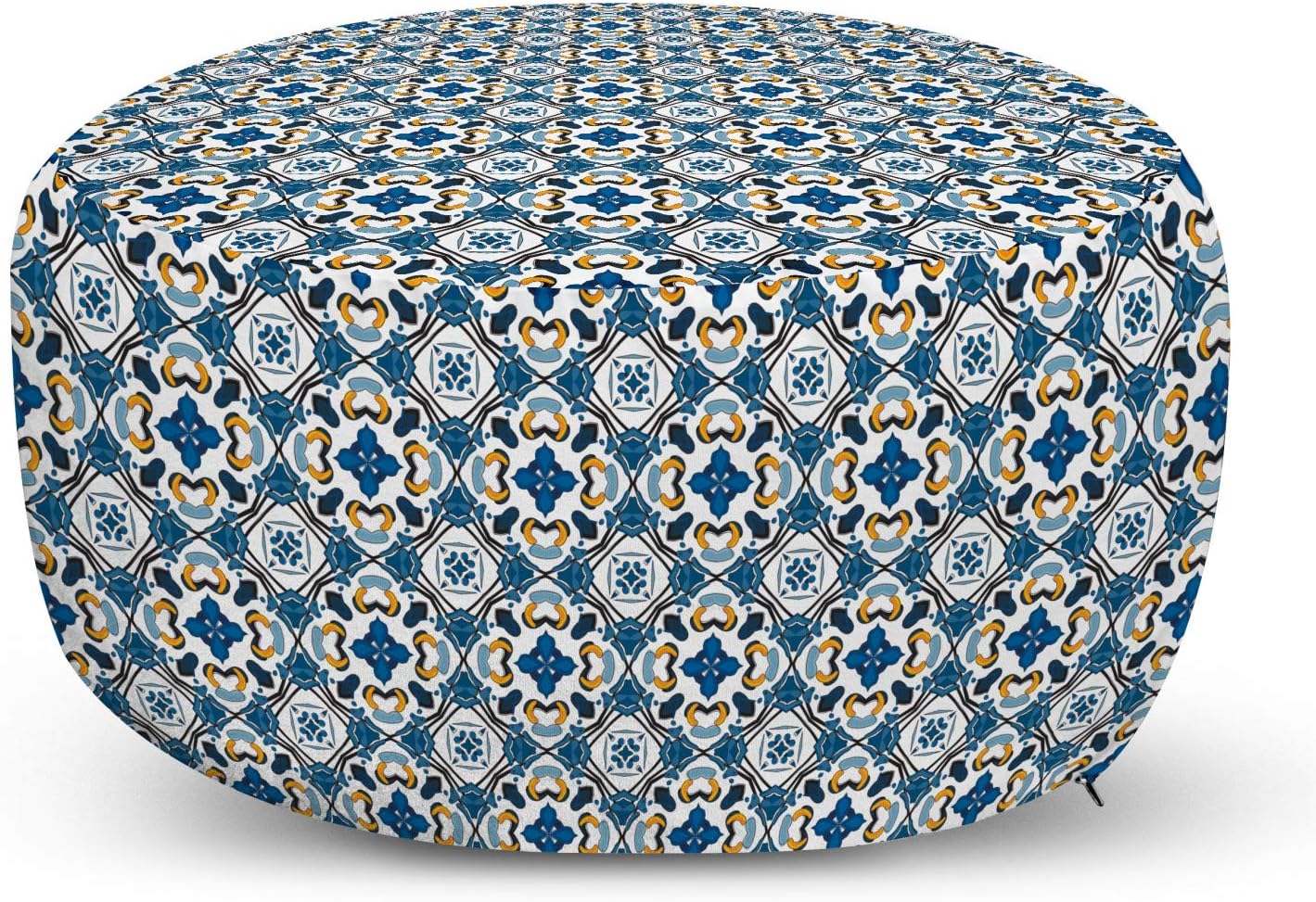 Ambesonne European Ottoman Pouf, Portuguese Ceramic Classic Tilework Building Artisan European Inspired Image Print, Decorative Soft Foot Rest with Removable Cover Living Room and Bedroom, Blue