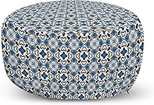 Ambesonne European Ottoman Pouf, Portuguese Ceramic Classic Tilework Building Artisan European Inspired Image Print, Decorative Soft Foot Rest with Removable Cover Living Room and Bedroom, Blue
