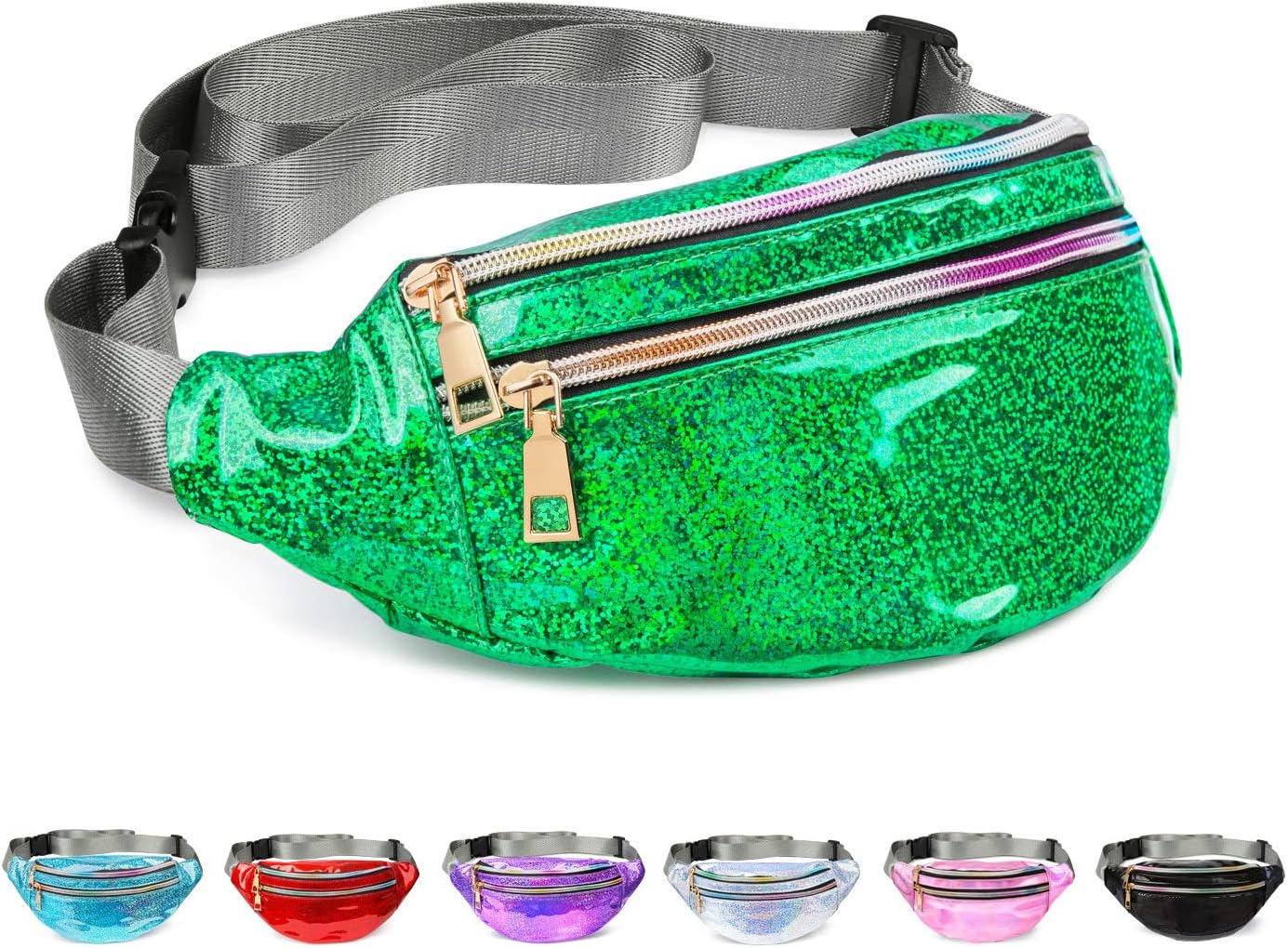 Fanny Pack Belt Bag, Holographic Fanny Packs for Women Men Kids, Fashion Waterproof Waist Pack with 3 Pouches Adjustable Strap, Shiny Causal Bags Cute Bum Bag Hip Sacks for Travel Festival Hiking Rave