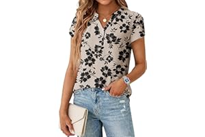 Qixing Womens Dressy Casual Henley Tops Summer V Neck Business Work Shirts Cap Sleeve Blouses Vacation