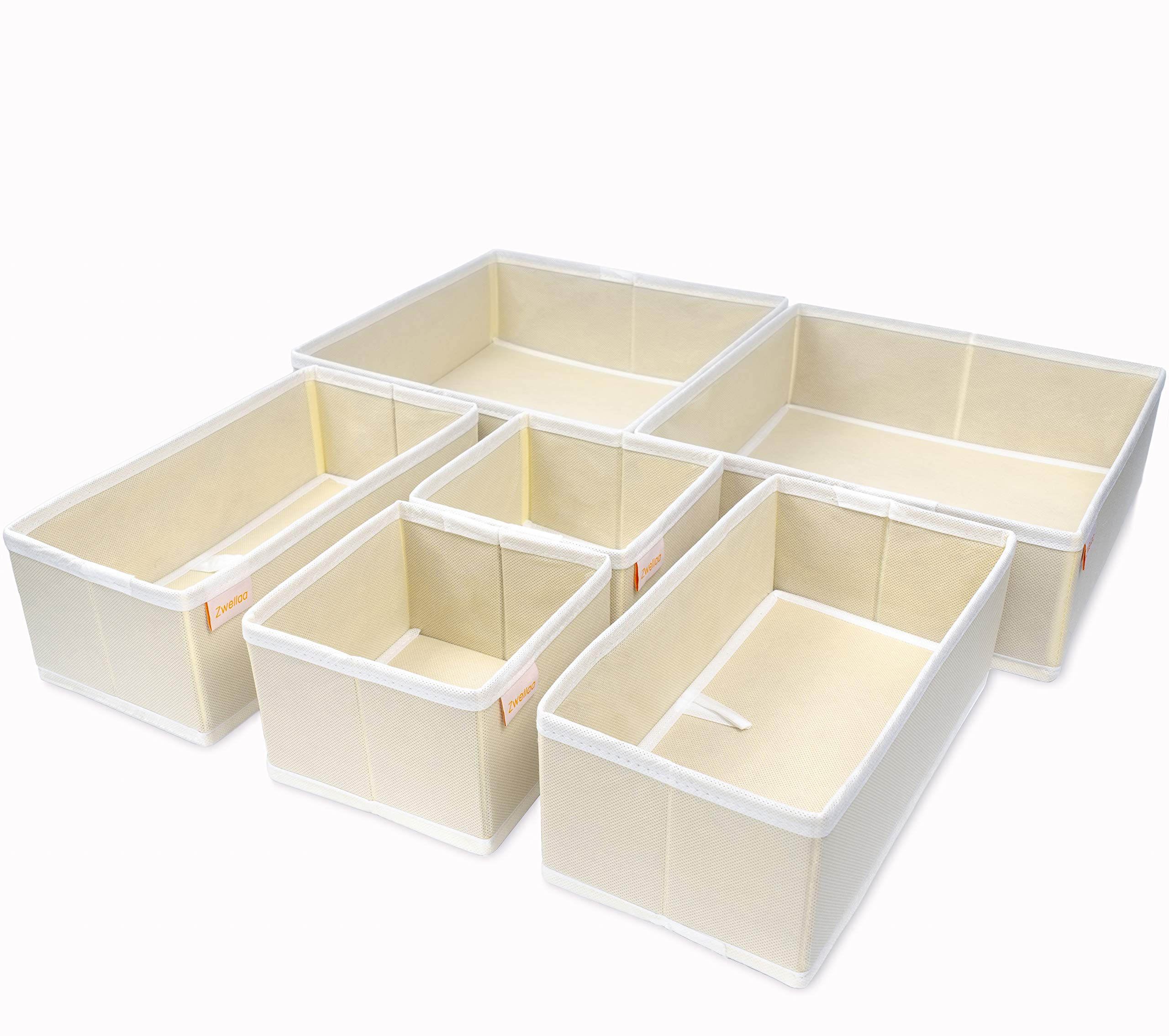 Drawer Organiser Divider Set of 6, Foldable Fabric Drawer Organisers, Wardrobe Organiser and Closet Dresser Basket Bins, Storage Divider Boxes for Underwear, Clothes, Socks, (10cm/3.93in, Beige)