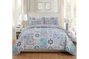 Fancy Linen 3pc Bedspread Quilt Set Over Size Bed Cover New (Full/Queen, White, Charcoal, Turquoise Mosaic)