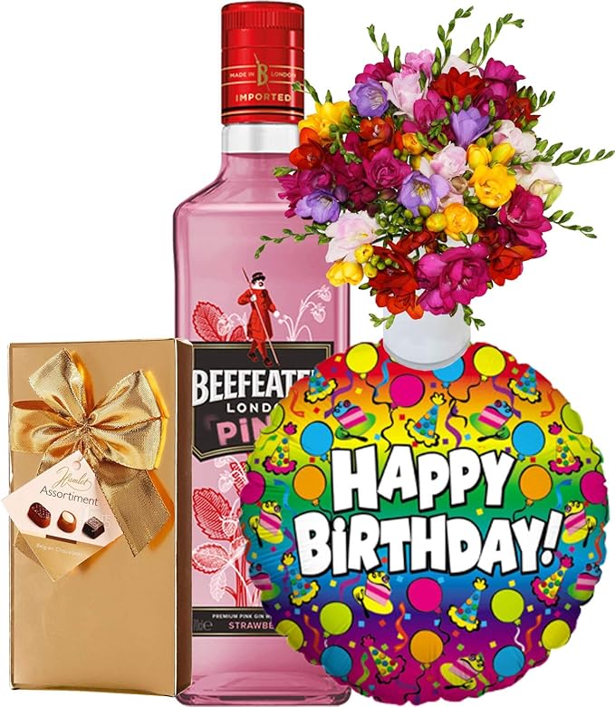 Beefeater Pink Strawberry Gin Gift Set and Happy Birthday Balloon and