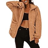 Buric Women's Casual Lapel Fleece Fuzzy Faux Shearling Zipper Coats Oversized Outwear Jackets
