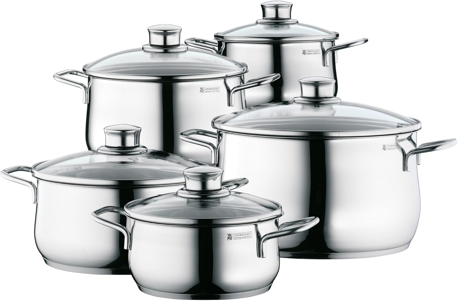 WMF Diadem Plus Topfset Induktion, 5-teilig, Cromargan Edelstahl poliert, Töpfe mit Glasdeckel, Induktionstöpfe, unbeschichtet, backofengeeignt