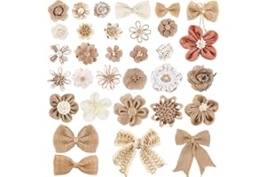 VGOODALL 32 PCS Natural Burlap Flowers Set, Burlap Bows and Scrapbook Embellishments for Wedding Party Decor Home, Embellishments for Crafts